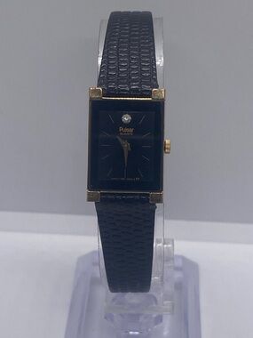 Pulsar Black and Gold Rectangular ladies Quartz Watch